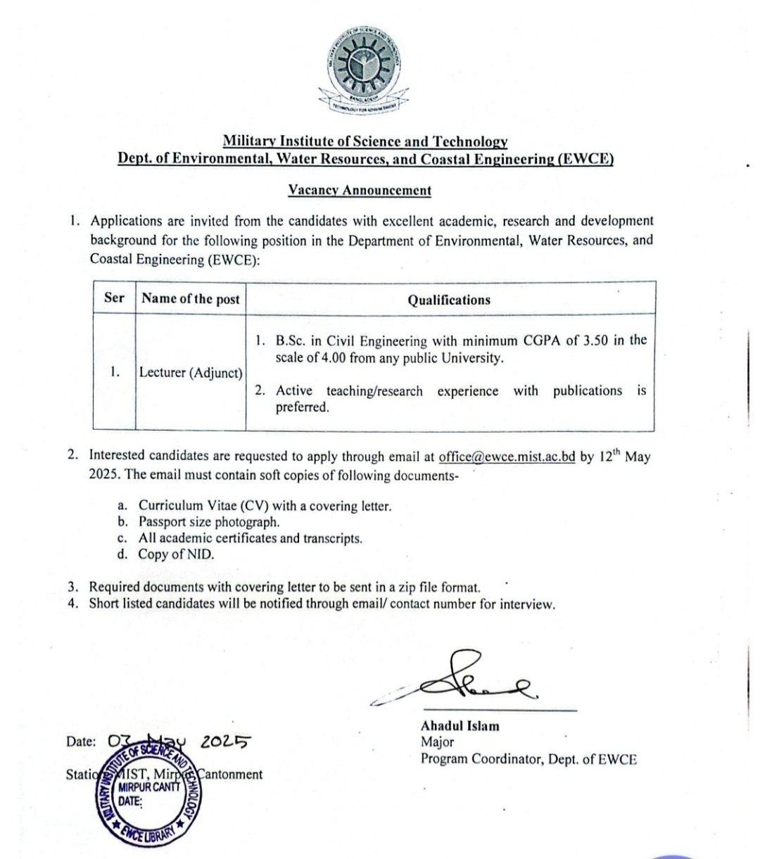 FACULTY RECRUITMENT CIRCULAR AT EWCE DEPARTMENT